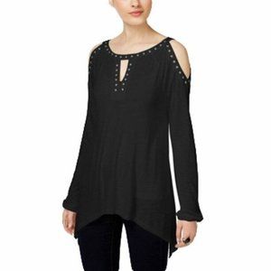 NWT INC Women's S Top Black Long Sleeve Studded Cold Shoulder Blouse Shirt NEW